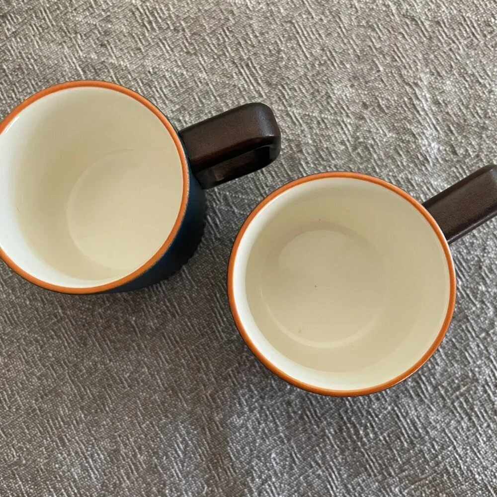 Set of 2 2 oz. Ceramic Navy Orange Rim Expresso Demitasse Cup Mugs